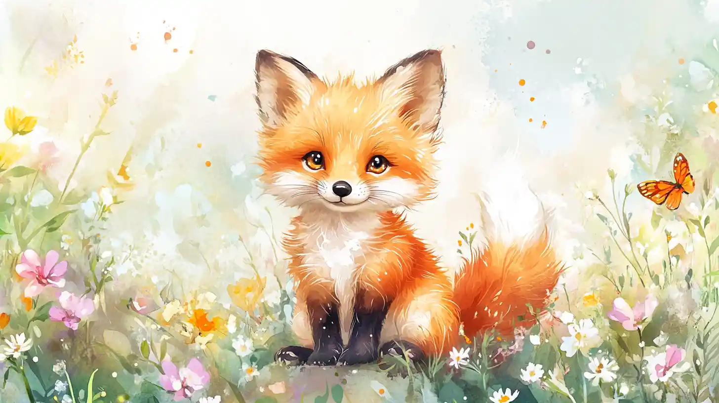 Raposinha fofa em um campo florido ensolarado em aquarela
