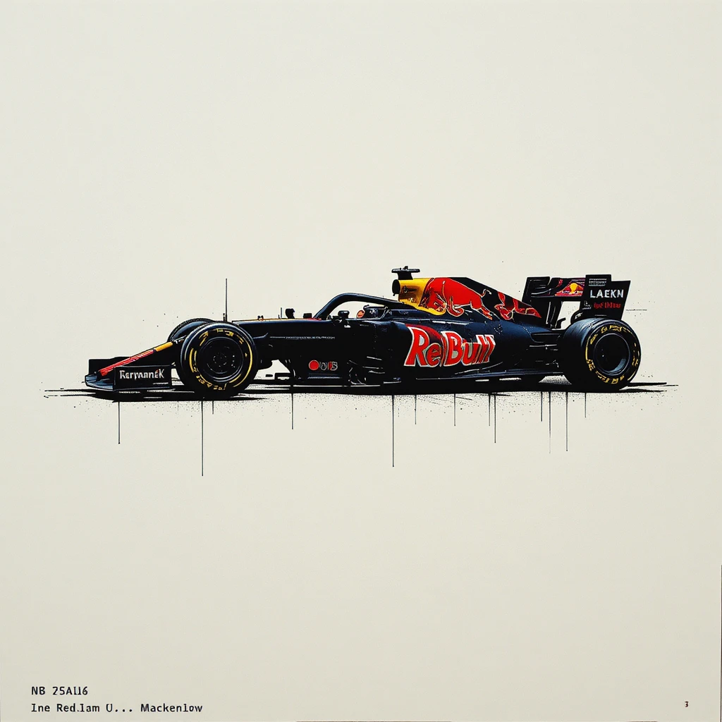 Linogravura minimalista de um elegante carro de corrida de fórmula preto