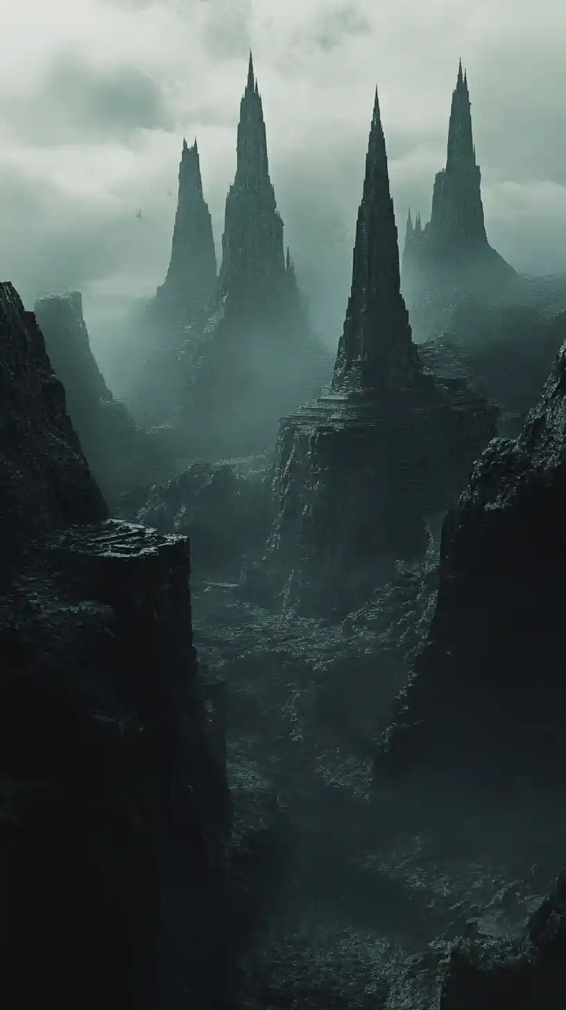 Dark fantasy landscape with towering spires under a black sky