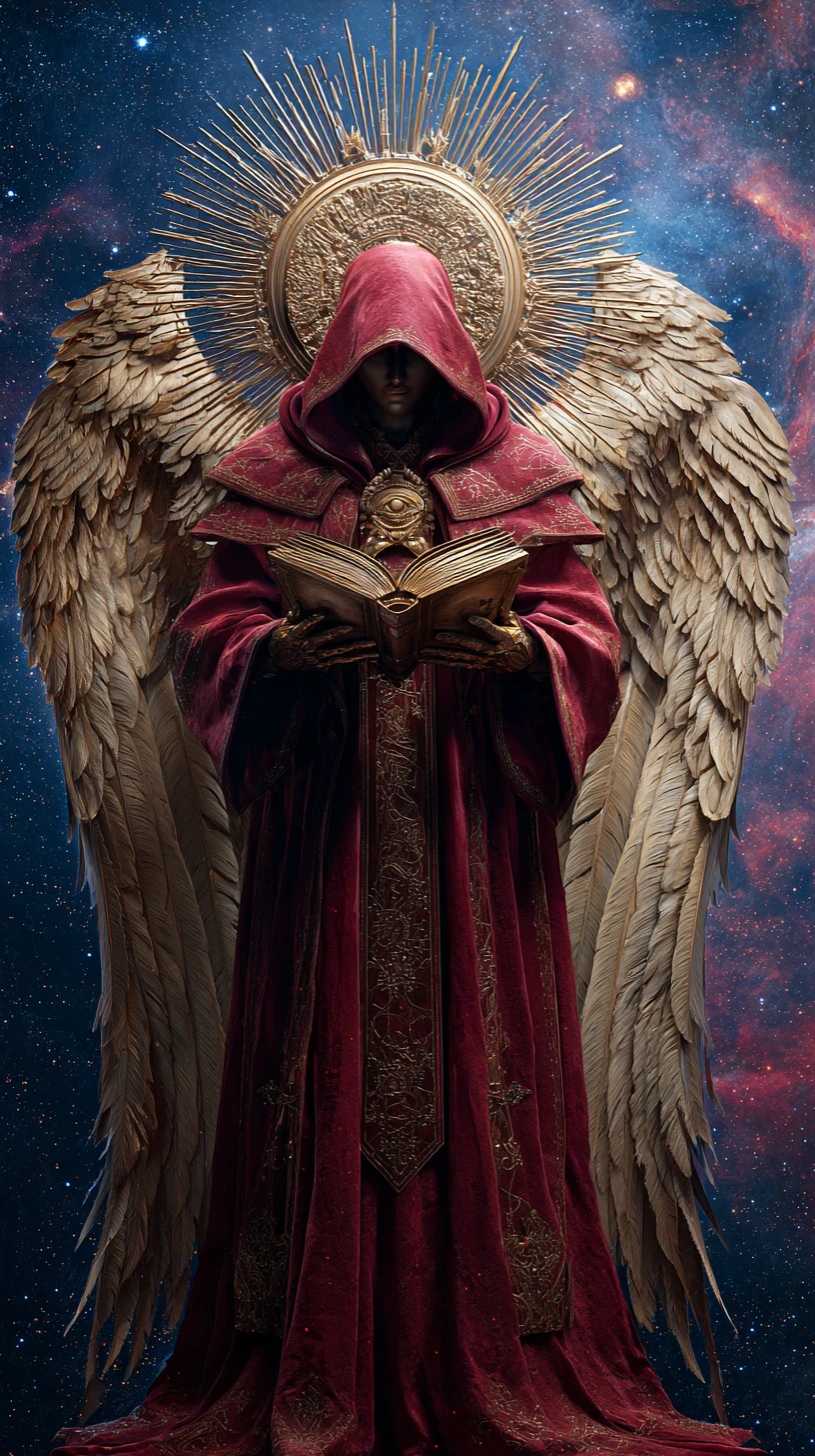 Figura angelica che legge un libro sacro nello spazio cosmico