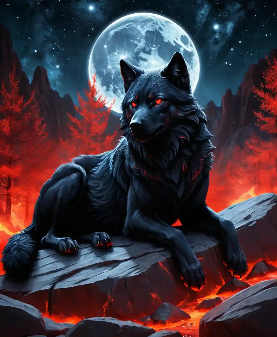 Loup noir aux yeux rouges au milieu de flammes cosmiques tourbillonnantes