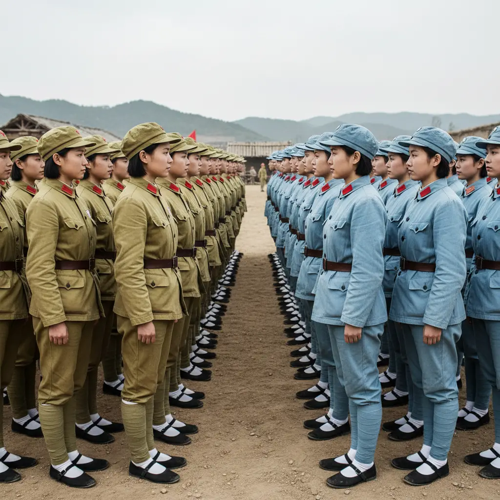 大規模隊列で一糸乱れずに整列する中国人女性兵士たち