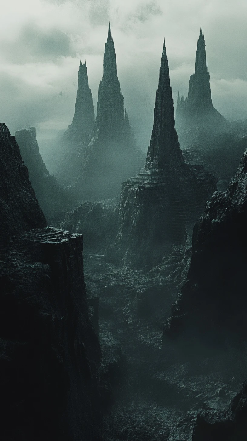 Paisagem de fantasia sombria com torres imponentes sob um céu negro