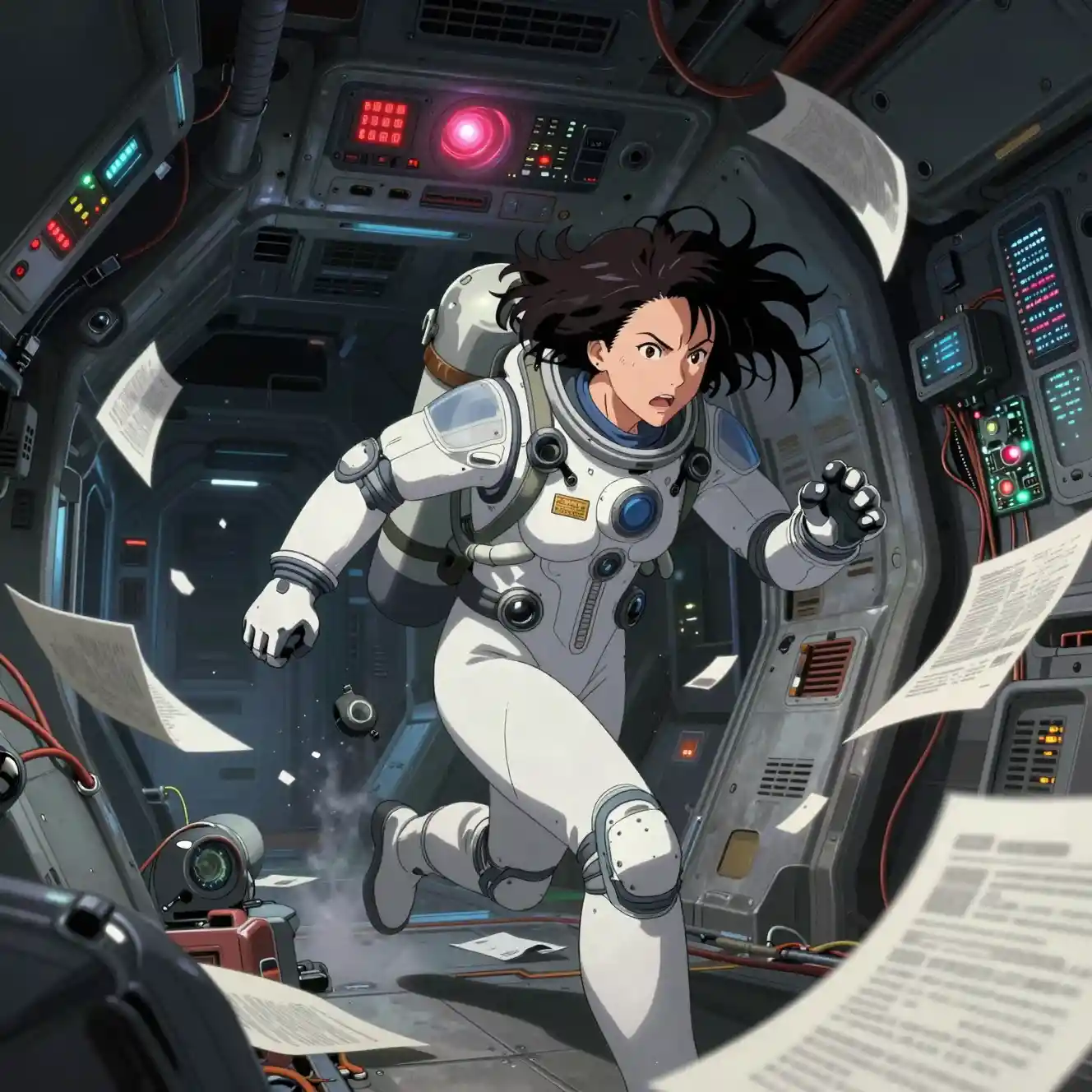 Panicked woman running through damaged anime spaceship interior