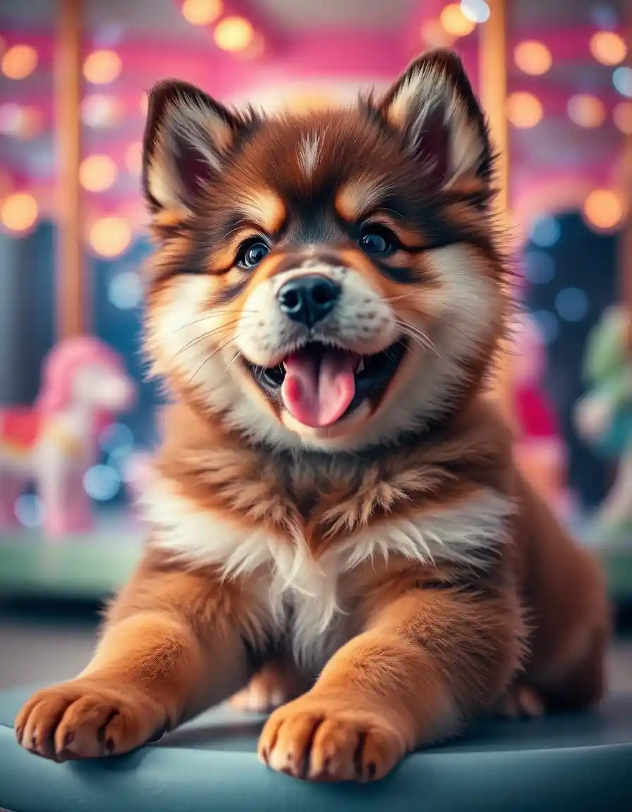 Adorable chubby husky brown puppy glowing with happy charm