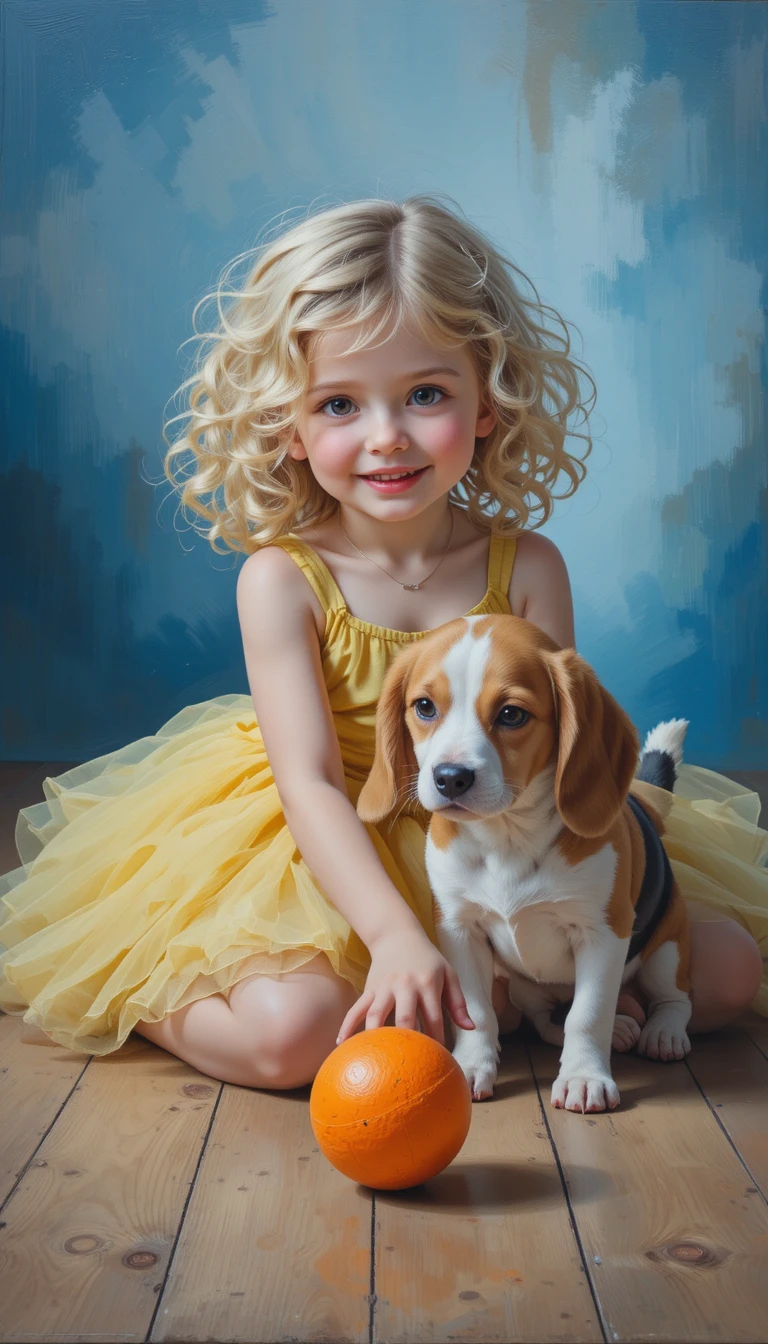 Young girl playing with a beagle on wooden floor