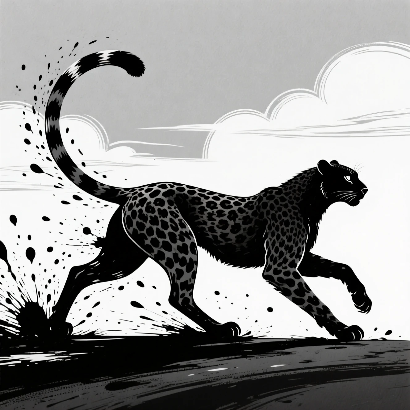 Stylized ink cheetah sprinting through minimalist clouds