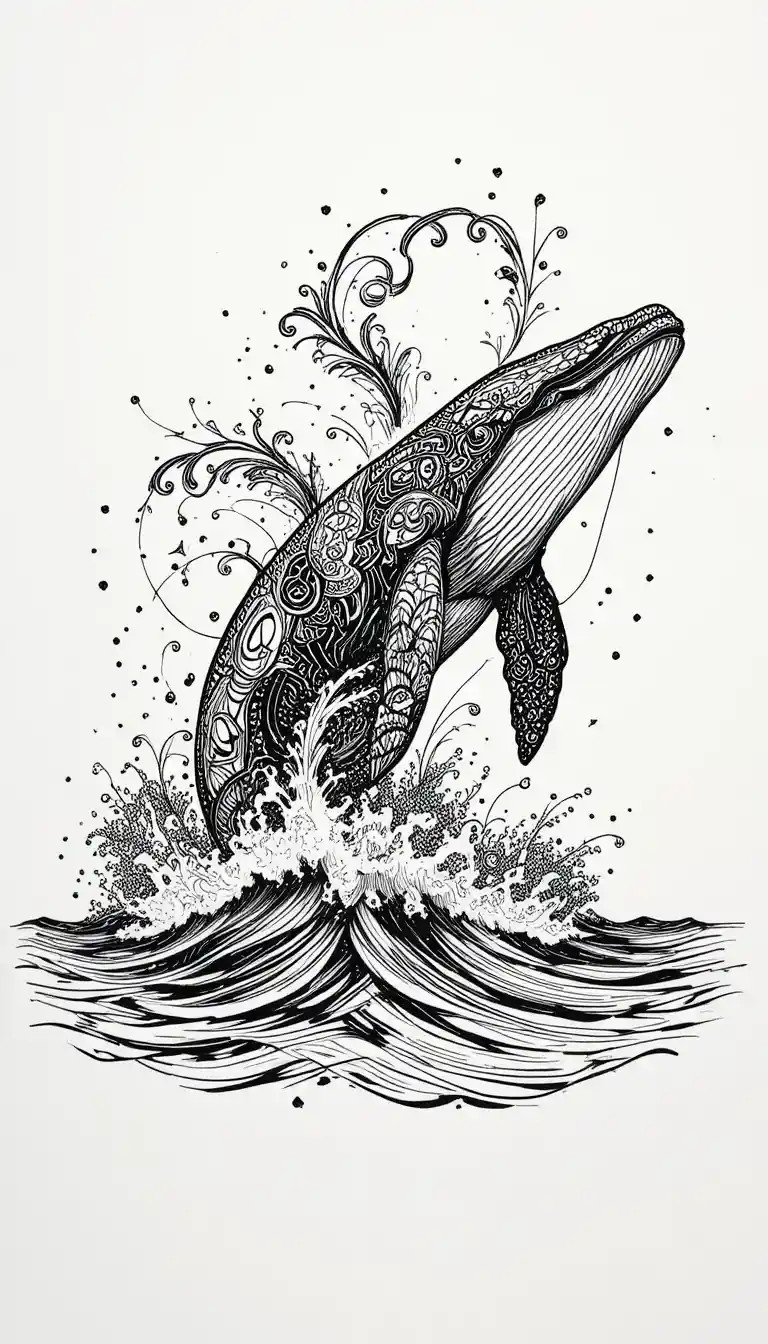Majestic zentangle whale breaching above a calm ocean