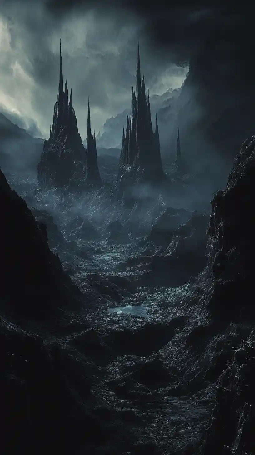 Dark fantasy landscape with towering spires and ominous sky