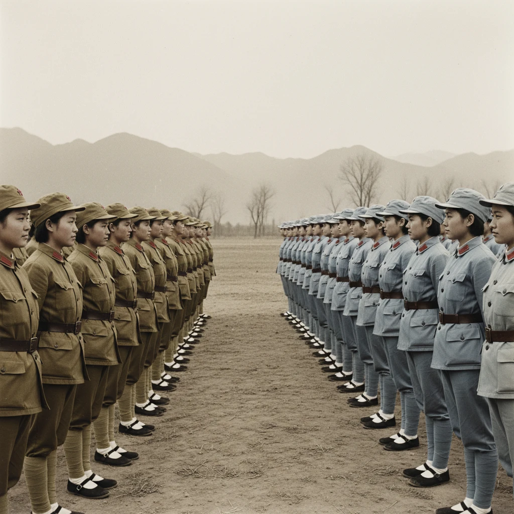 戦時編成で向かい合う中国人女性兵士たち
