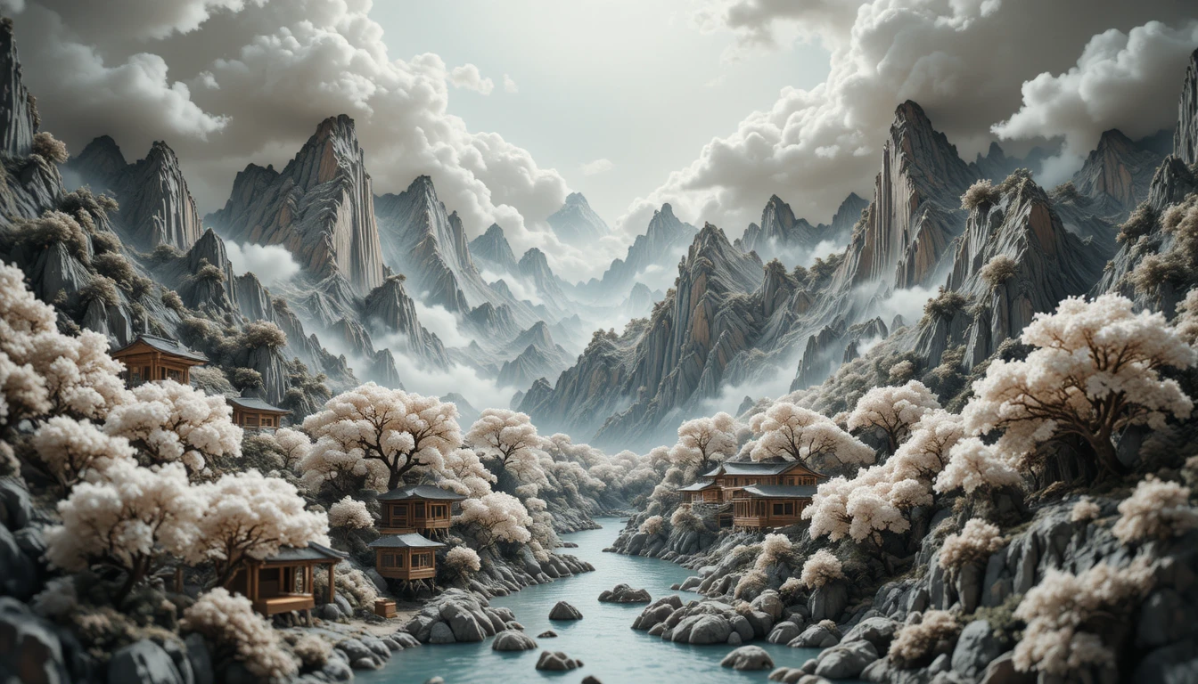 Miniature mountain world with clouds and ancient trees relief