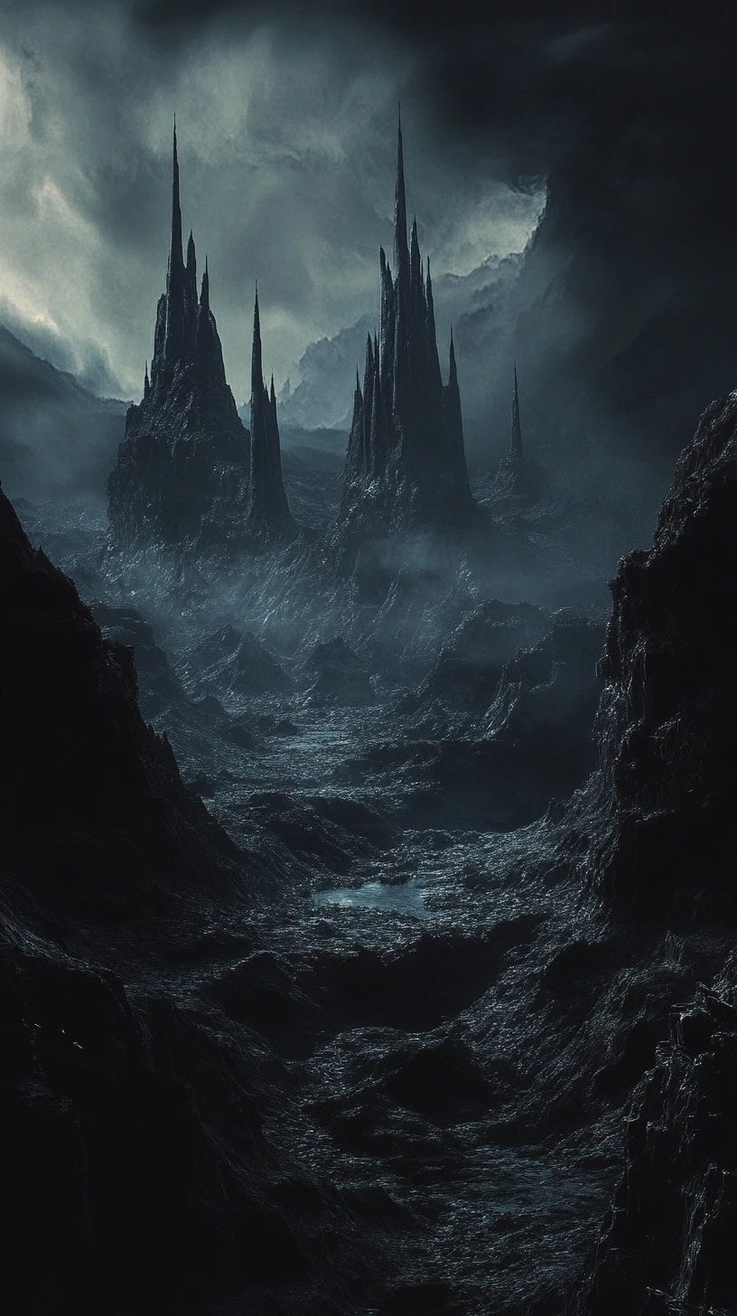 Paisagem de fantasia sombria com torres imponentes e céu ameaçador