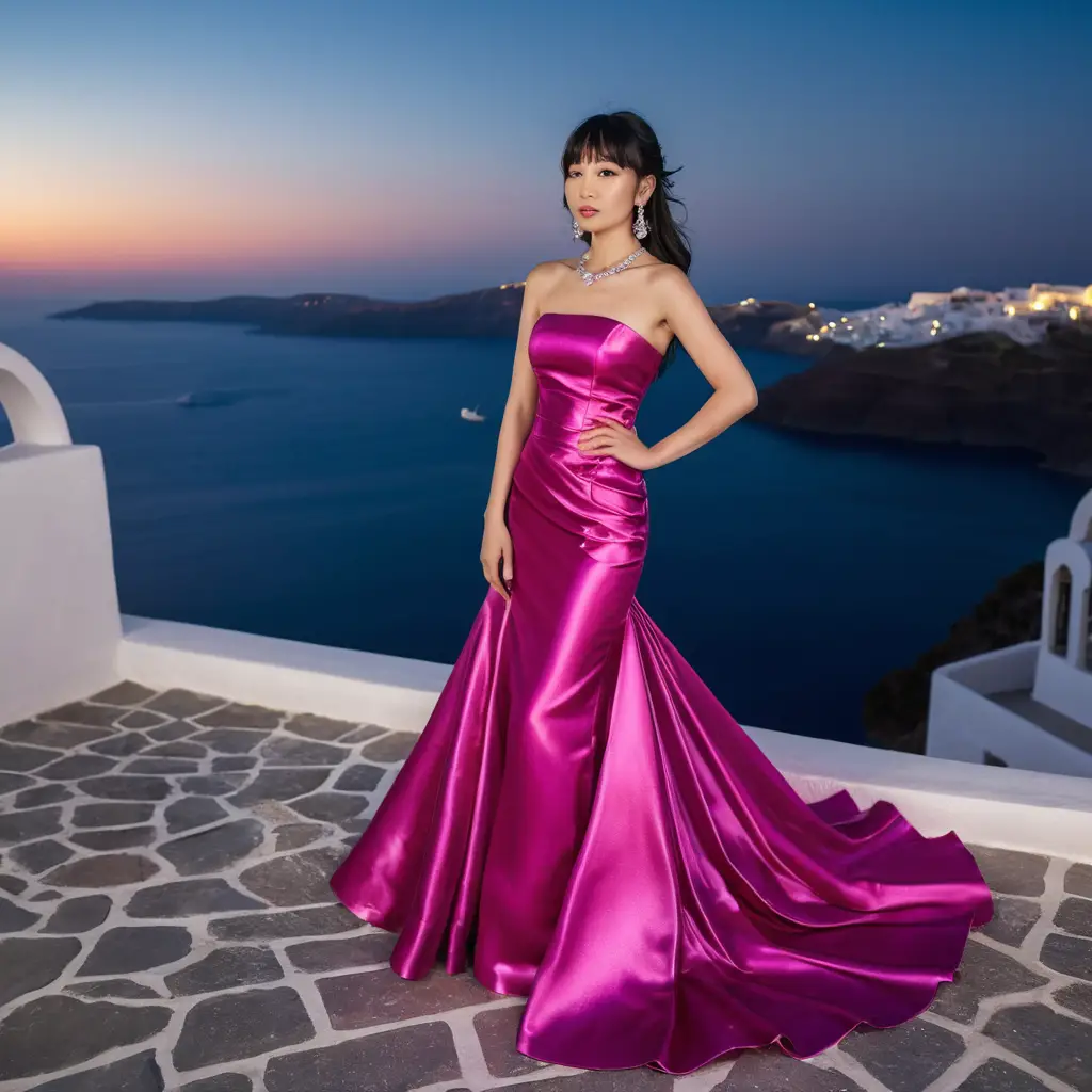 Jovem mulher em vestido de cetim magenta à noite em Santorini