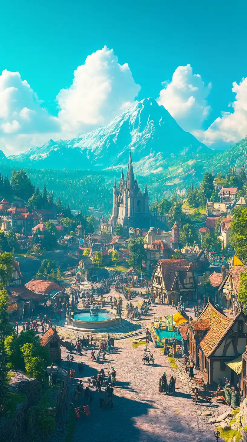 Mittelalterliches Fantasy-Königreich mit Marktplatz und fernen Bergen