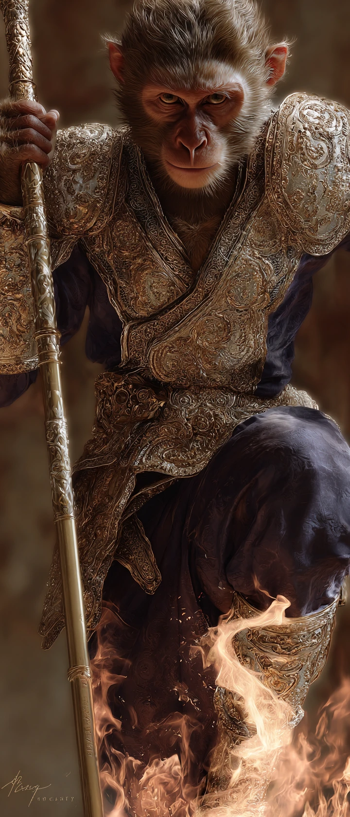 Mythic monkey warrior with flaming staff in armor