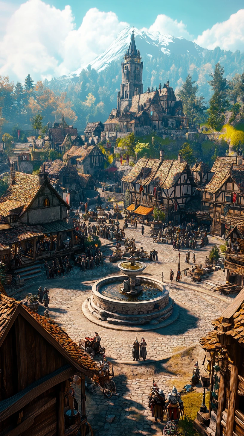 Reino de fantasia medieval com praça movimentada e colinas