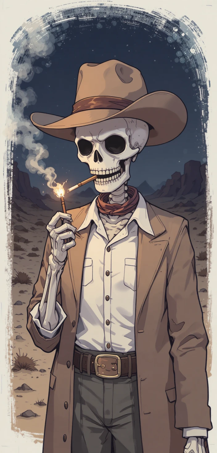 Cowboy esqueleto acendendo dinamite em uma noite escura no deserto