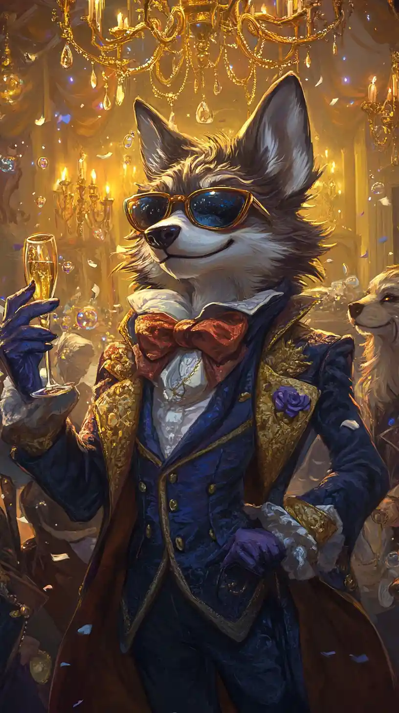 Anthropomorphic wolves dancing at a grand masquerade ball
