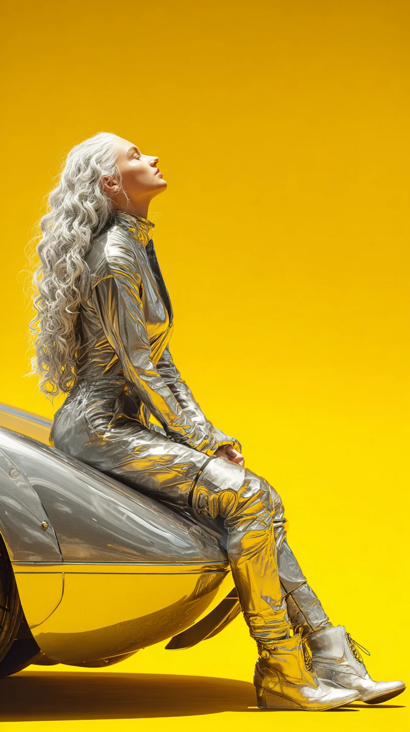 Donna su auto da rally metallica con audace sfondo giallo