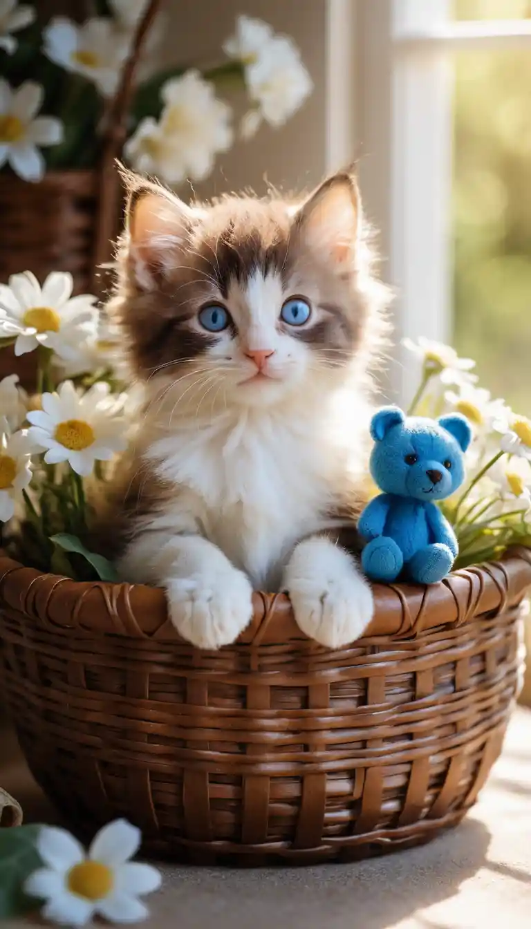 Dolce gattino dagli occhi azzurri che abbraccia un piccolo orsacchiotto