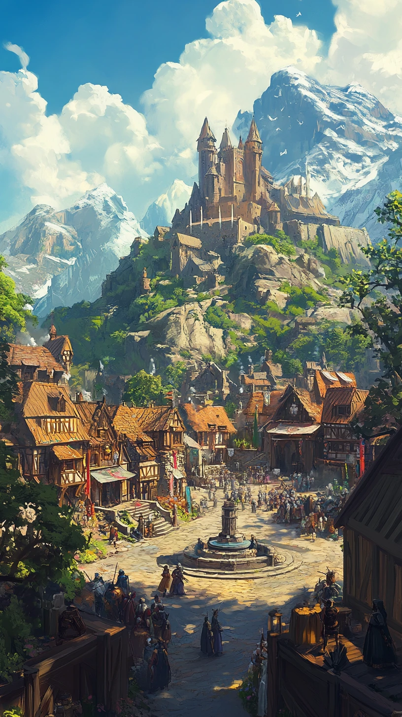 Royaume fantastique médiéval avec place animée et fontaine
