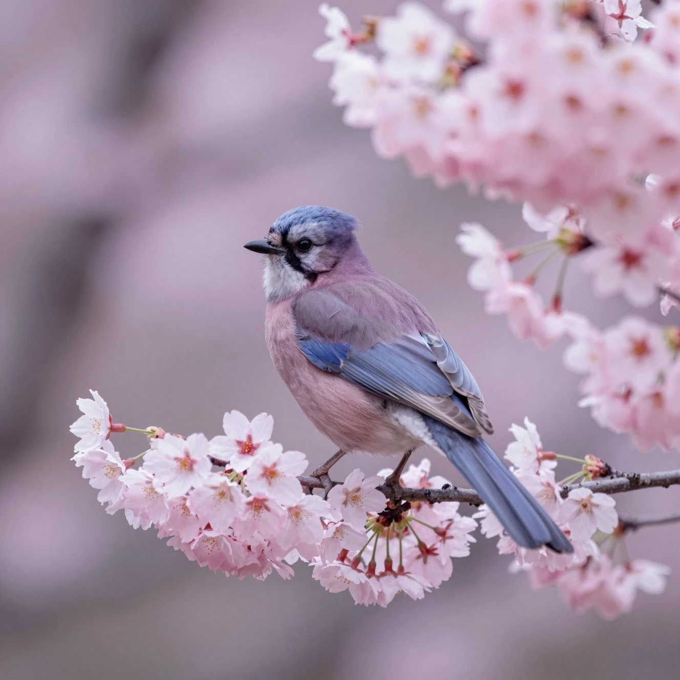 Piccolo uccello canoro tra i delicati fiori di ciliegio rosa di primavera