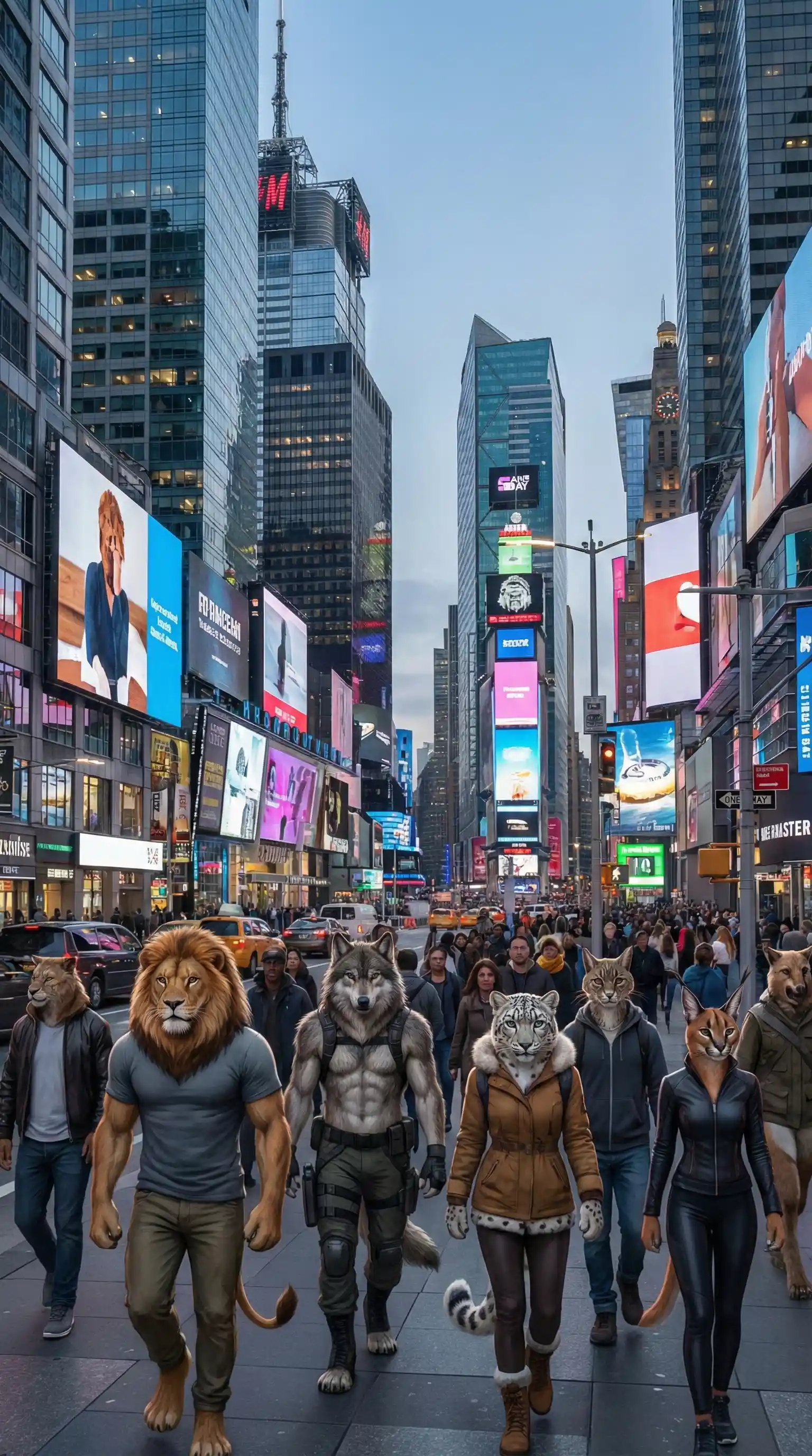 Human animal hybrids wandering through a modern cityscape