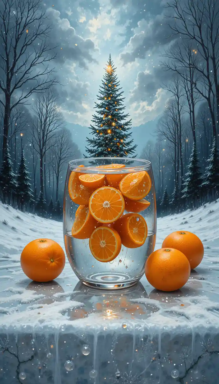 Natura morta con arance in vaso di vetro e alberi invernali luminosi
