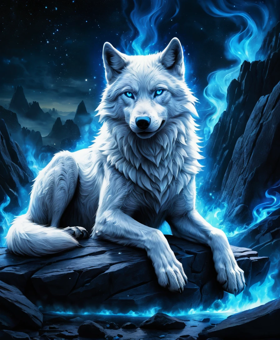 Lobo branco de olhos azuis em chamas cósmicas em espiral
