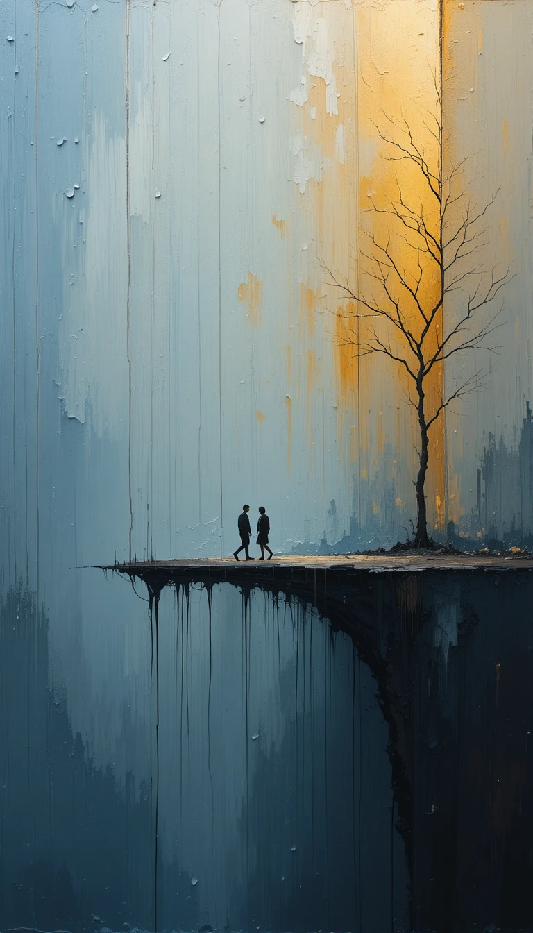 Duas minúsculas figuras atravessando uma paisagem abstrata em impasto
