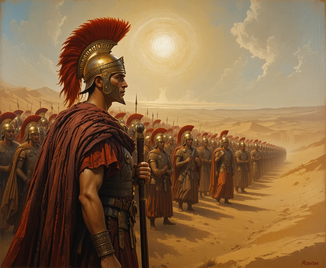 Roman centurion leading legion through blazing desert sands