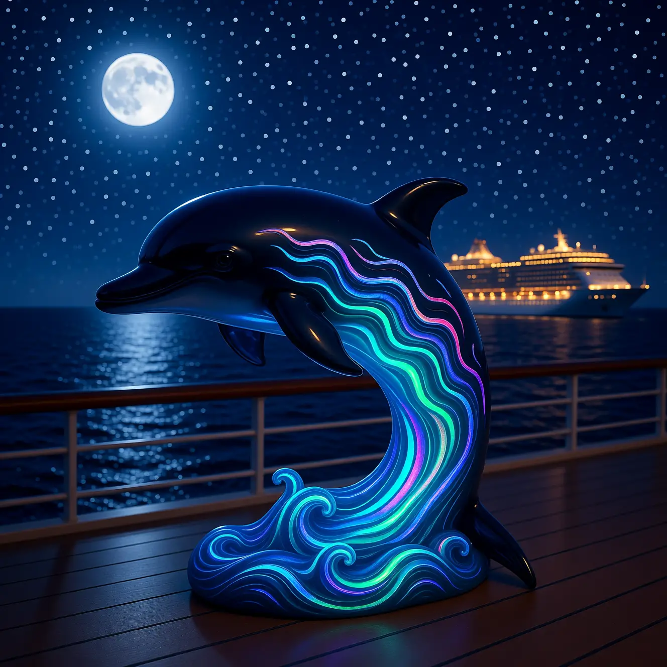 Statuetta di delfino iridescente in una crociera oceanica a mezzanotte
