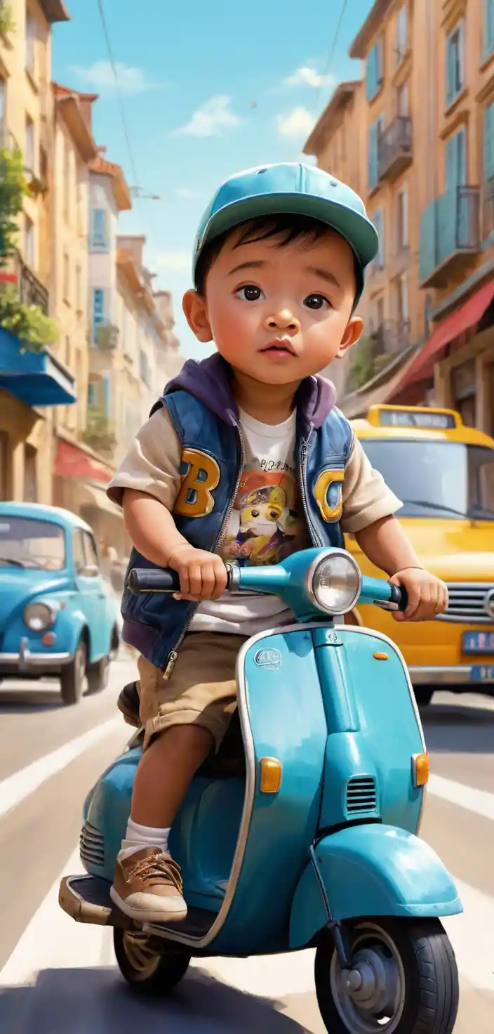Mujer alegre montando una scooter en una calle urbana de tonos pastel