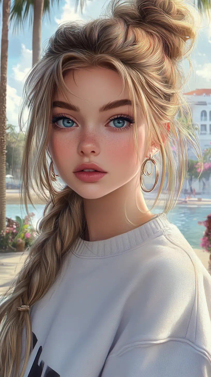 Blonde girl portrait with bun and braid by the water