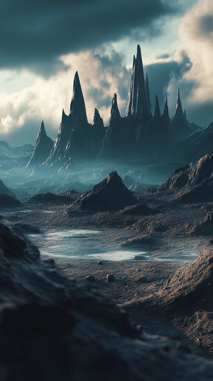 Paisagem de fantasia sombria com torres imponentes e céu ameaçador