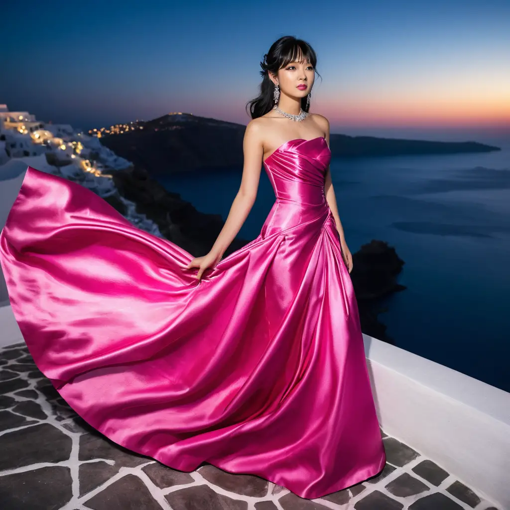 Jovem mulher em vestido de cetim fúcsia à noite em Santorini