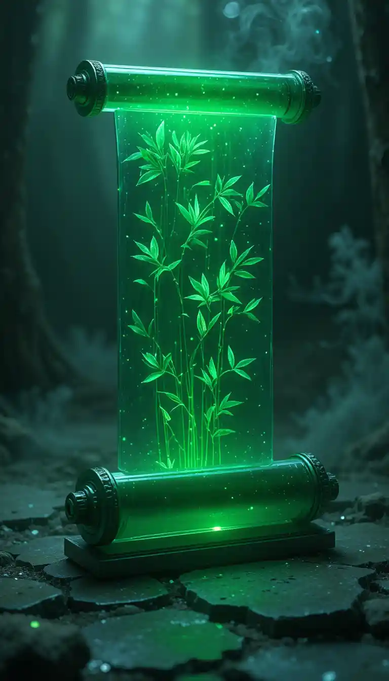 Crystalline jade scroll with holographic bamboo in darkness