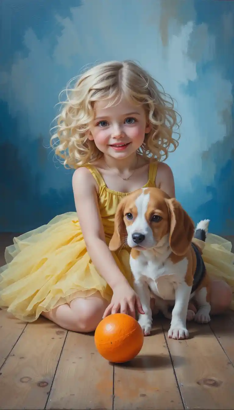 Young girl playing with a beagle on wooden floor