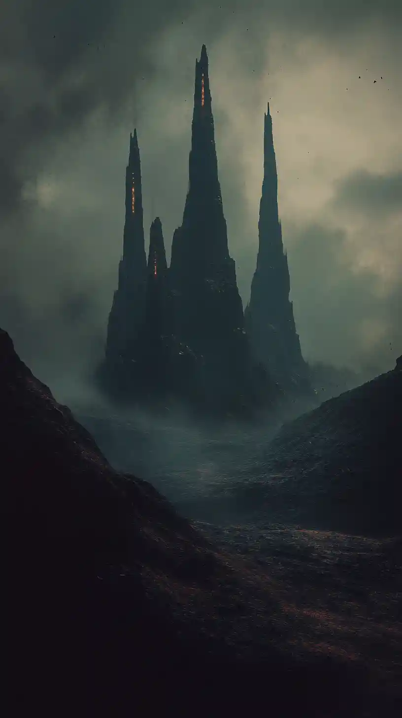 Dark fantasy landscape of towering spires under a black sky