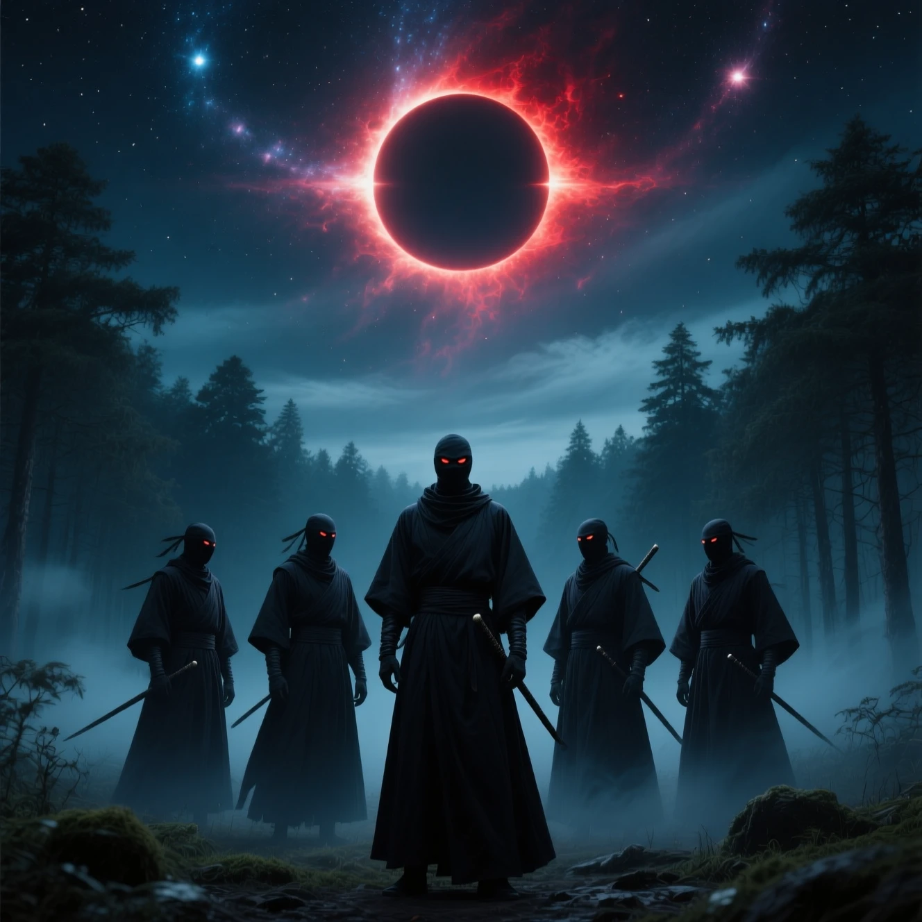 Ninjas Watching A Blood Moon Eclipse Over Misty Forest
