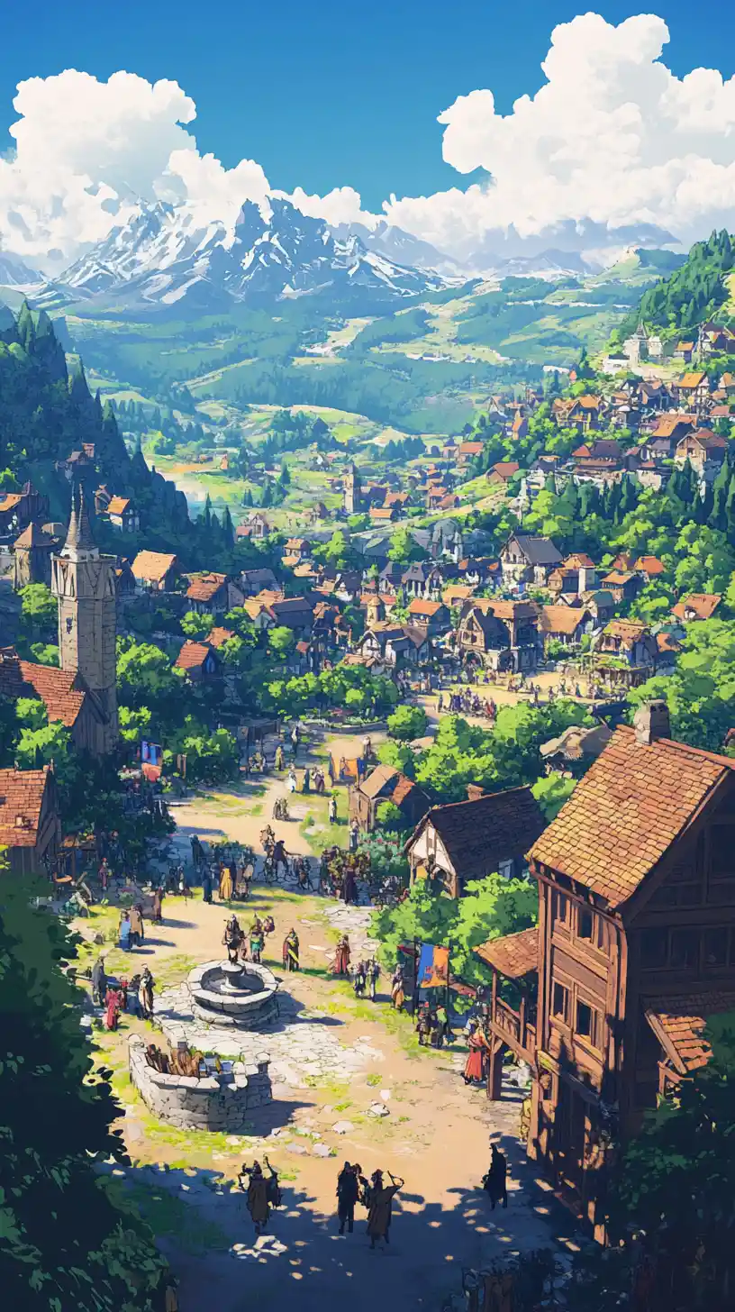 Mittelalterliches Fantasy-Königreich mit Marktplatz und Brunnen