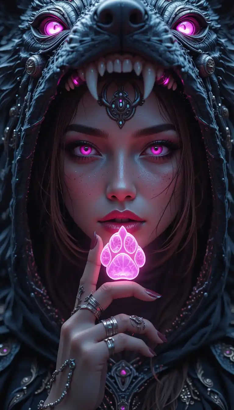 Mystical woman in wolf hood holding glowing pink emblem