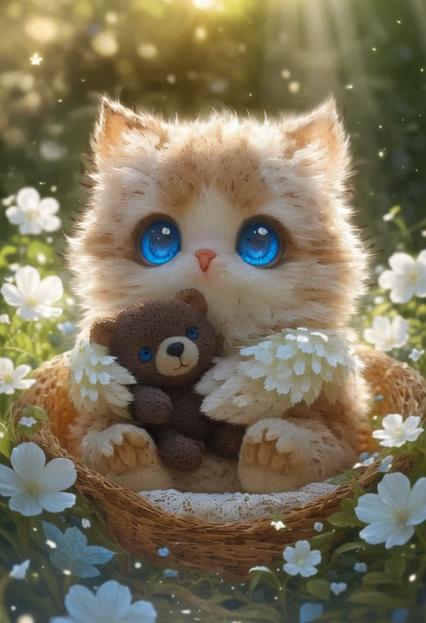 Chaton aux yeux bleus tout doux câlinant un minuscule ours en peluche