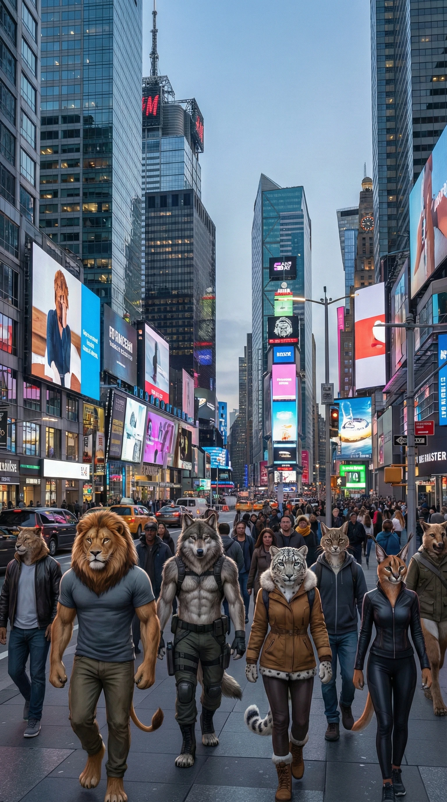 Human animal hybrids wandering through a modern cityscape