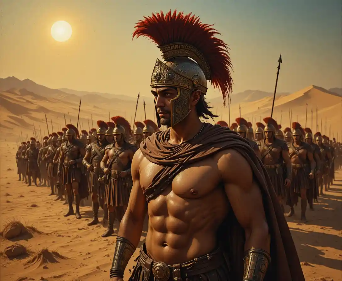 Roman officer leading a legion across a sunlit desert