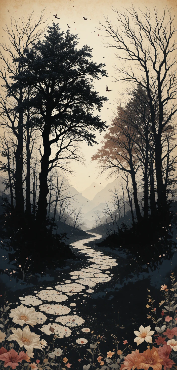 Illustrazione frattale scura su pergamena con colori estivi