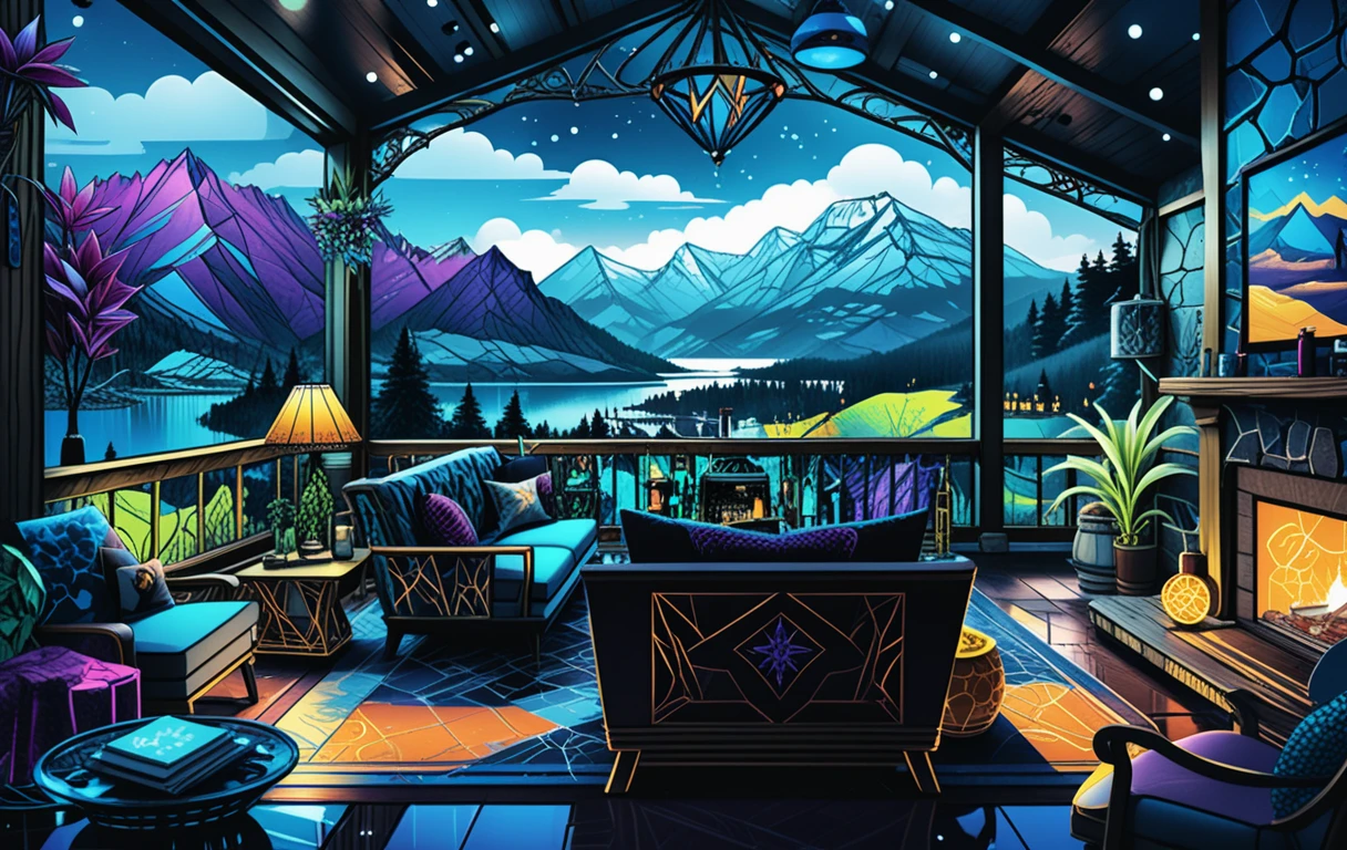 Luxury rustic cabin interior in isometric mountain view