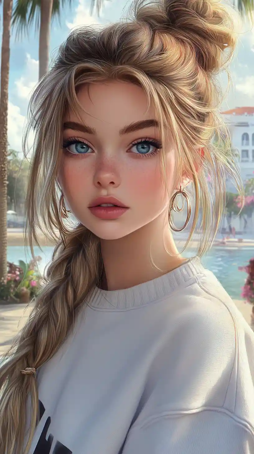 Ritratto di ragazza bionda con chignon e treccia sull’acqua
