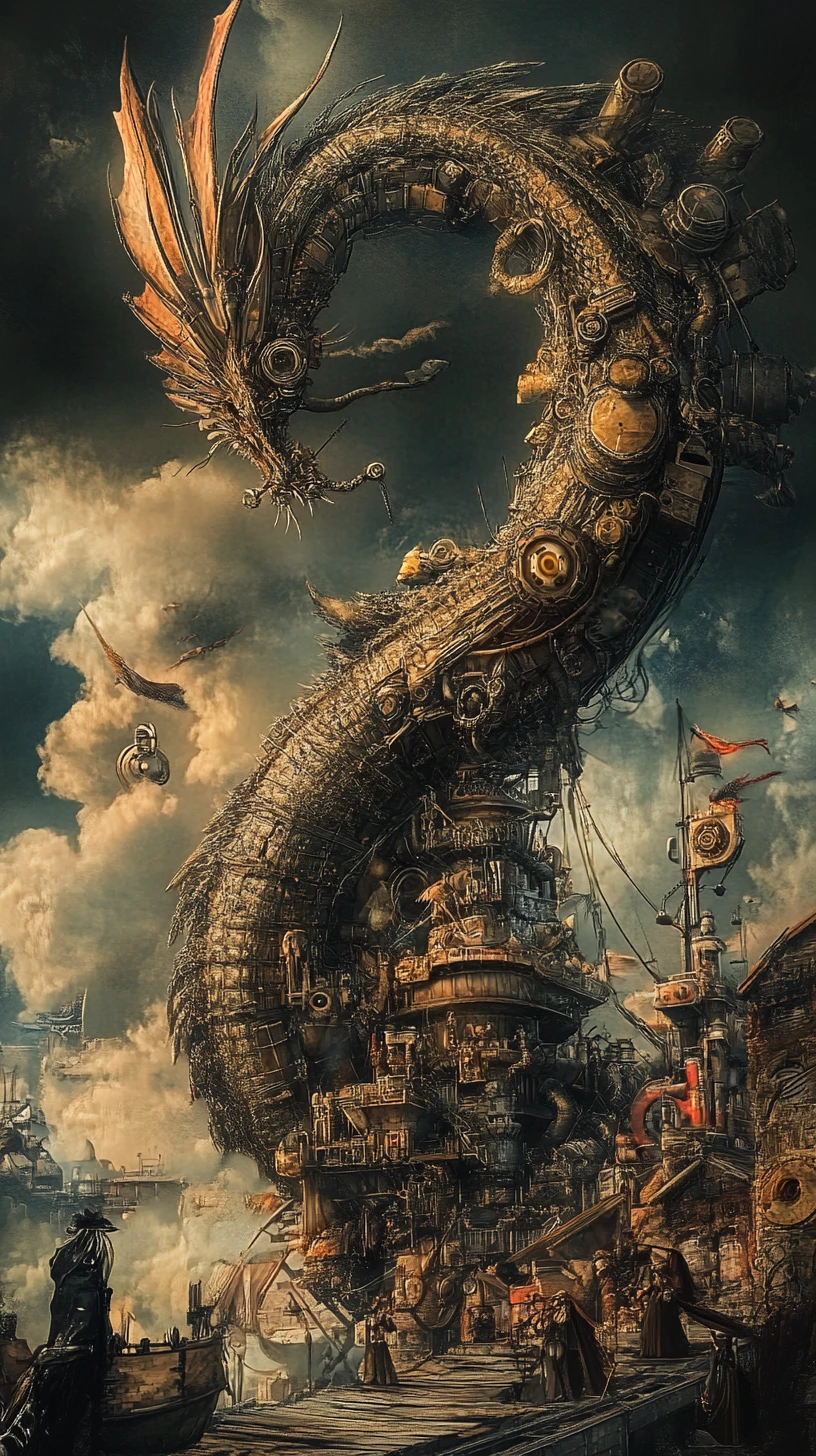 Dragão steampunk surreal em uma cena ilusória em camadas