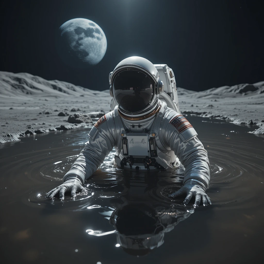 Astronaut versinkt im dunklen Mondschlamm unter der strahlenden Erde